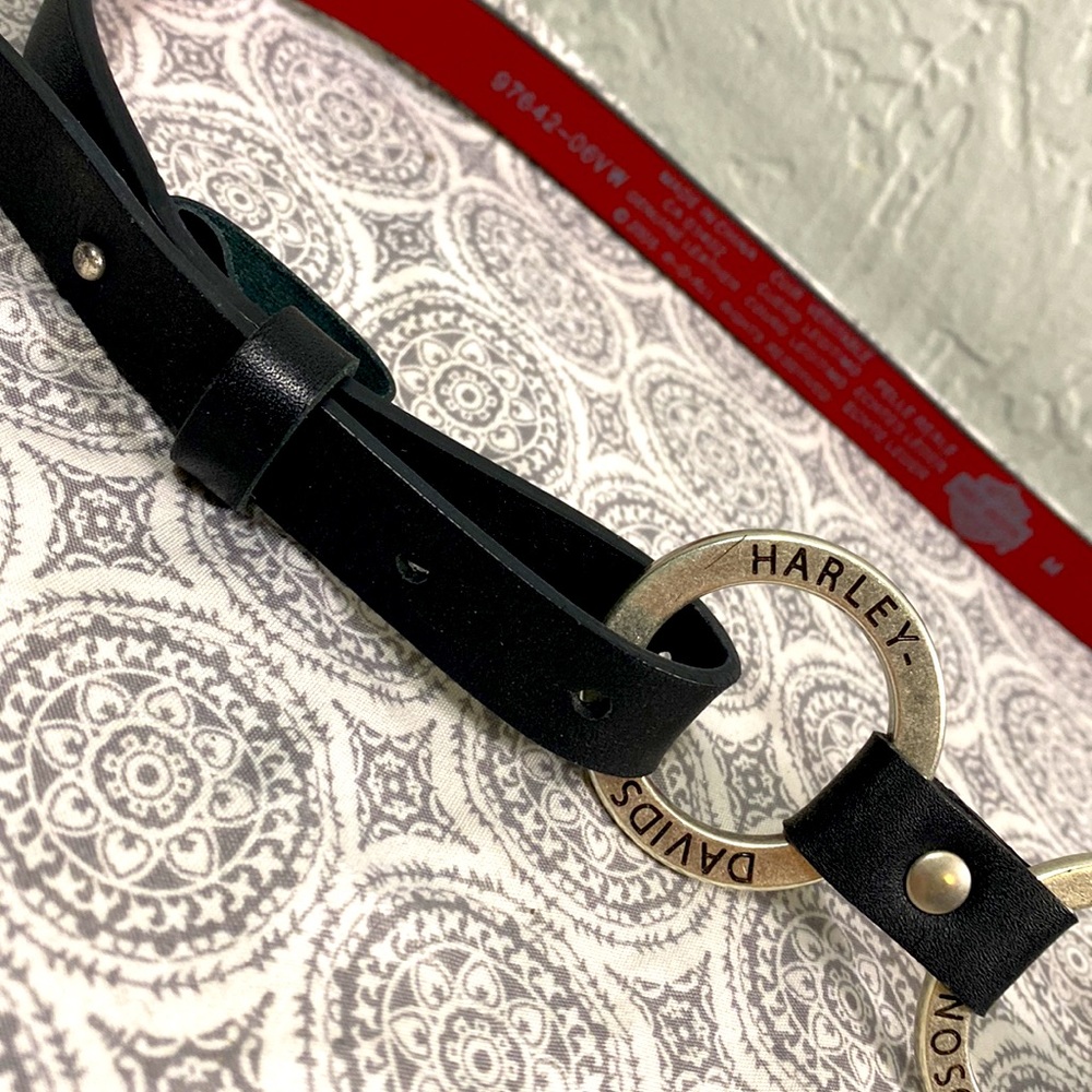 ‘06 Harley Davidson Black Leather Belt 2006 Womens Medium Silver Hoops CL